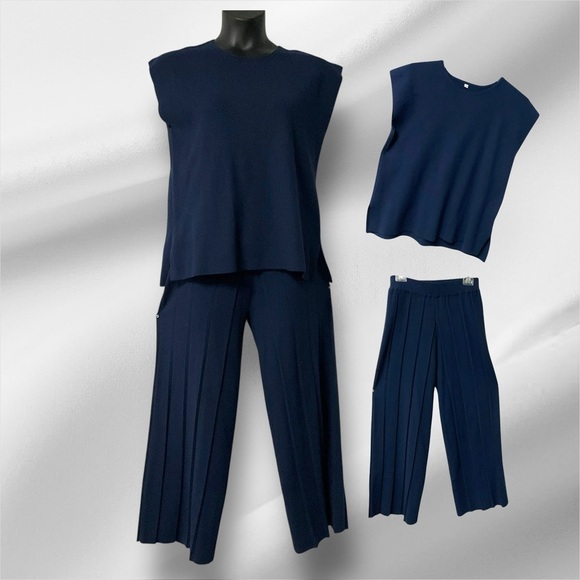 Unbranded Navy Blue Knit 2-Piece Set Women Pleated Pant Sweater Minimalist SZ S - Picture 2 of 8